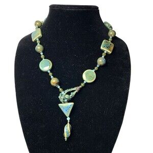Signed AB Artisan Glass Beaded Necklace Green Blue Pendant Statement